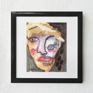 Abstract face portrait painting- mixed media paper collage artwork 5.25x4.45 inches- original watercolor painting-contemporary home decor
