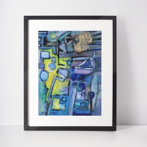 Delta Blues Original abstract expressionist mixed media painting on watercolor paper by Erika Johnson 9 x 12 inches -blues-green-yellow