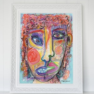 Colorful abstract Female face portrait painting- expressionist style contemporary art- original painting on watercolor paper- mixed media