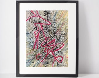 Original abstract expressionist mixed media painting 9x12 inches on paper-watercolor-pen-ink-pastel-bold curved lines-contemporary artwork