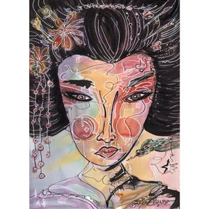 Abstract portrait female-woman-Geisha girl painting-oriental wall art-watercolor—pictures-Japanese culture-Pretty Geisha in Kimono painting