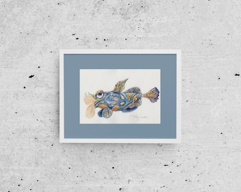 Tropical fish watercolor painting 6x9 inches-Sealife artwork- coastal cottage home decor-blue-beige-ochre-dragon fish wall art-ocean themed