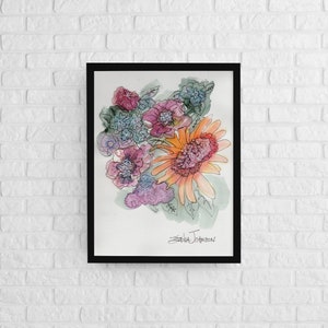 Original watercolor abstract floral painting on watercolor paper 9x12 inches-botanical artwork-wildflowers wall art-pink-orange-green-yellow