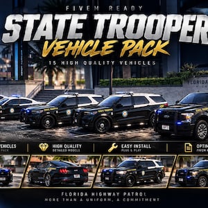 May include: A digital collection of 15 black Florida Highway Patrol police vehicles, including sedans and pickup trucks with emergency lights. The graphic features the text "STATE TROOPER VEHICLE PACK" and "FIVE M READY" with the official emblem.