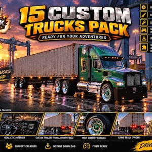 Puede incluir: Un gráfico promocional digital para un paquete de 15 camiones personalizados que muestra un semirremolque verde. La imagen incluye superposiciones de texto como 15 CUSTOM TRUCKS PACK, FIVE M READY e iconos sobre un fondo de puerto.