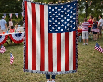 American Flag Heirloom Blanket | Patriotic Cotton Throw with Fringe | 4th of July & Veterans Day Gift