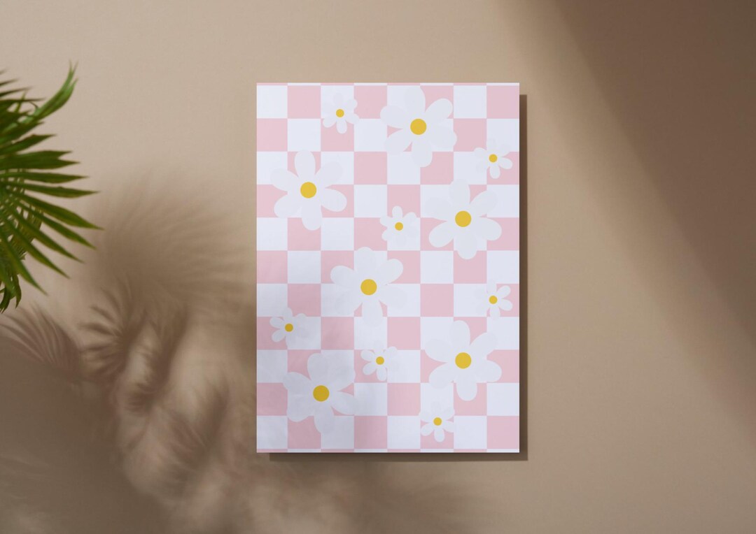 Pink Checkered Daisy Printable | Retro Flower Wall Art | Cute Floral ...