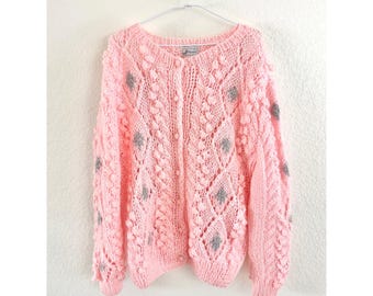 Vintage Cardigan Sweater Hand Knit Pink Diamond Popcorn Women's Large