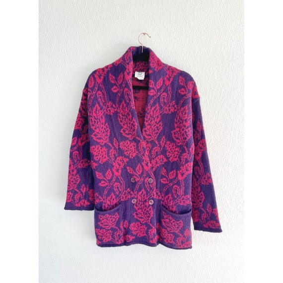 Laura Ashley, Laura Ashley Vintage Pink Purple Floral Double Breasted Cardigan Small M