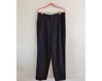 Vintage italienska plisserade randiga byxor herr 34 marinblå skräddade muddar