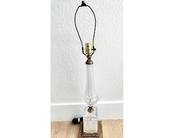 Vintage Cut Glass Table Lamp Hollywood Regency Brass Tone Diamond Pattern