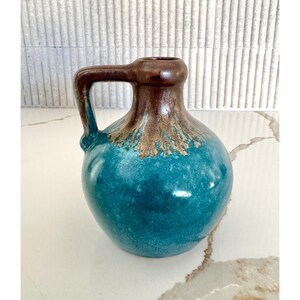 Vintage Pigeon Forge Pottery Ceramic Pitcher Teal Brown Glaze Handle Jug Vase