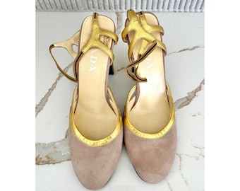 Buty vintage Prada Mauve Suede Gold Metallic Block Heel Vintage Italy 37 Mens 7