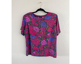 Ellen Ashley Blommig Blus Dam Mellanrosa Lila Vintage 90-tals Topp