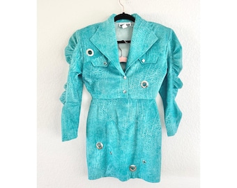 Vintage Turquoise Textured Velvet Skirt Set Grommet Detail Contempo Casuals 25W