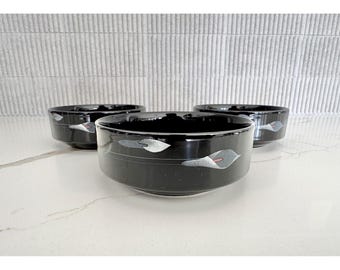 Mikasa Galleria Opus Black Calla Lily Ceramic Bowls Set of 3 Japan Vintage 80s