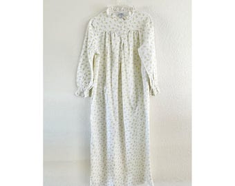 Camisón de mujer Sears, talla L, blanco y amarillo, de franela de algodón con volantes y mangas largas.