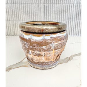 Vintage Studio Pottery keramische plantenpottenset met bruin glazuur, 1974, gesigneerd, 2-delig
