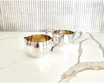 Vintage Silver Plate Scalloped Creamer and Sugar Bowl Set Silver Mid-Century