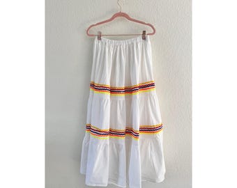Falda larga vintage escalonada para mujer, talla M, color blanco, con ribete de zigzag, de algodón, estilo bohemio campestre.