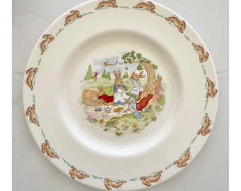 Conjunto de berçário Wedgwood Bunnykins de 3 peças: prato, tigela e caneca, cor creme, estilo vintage para piquenique.