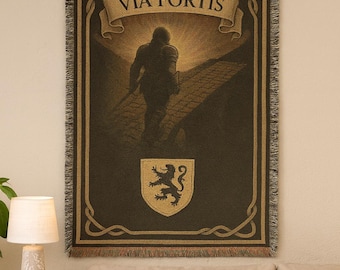 Via Fortis The Path of Strength Knight Tapestry Woven Blanket  Medieval Heraldic Lion Throw