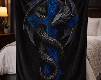 Dragon Entwined Celtic Cross Velveteen Plush Blanket Gothic Fantasy Throw