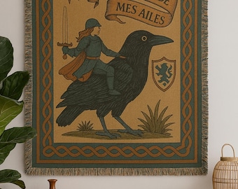 Knight Riding Raven Woven Blanket | Celtic Border Tapestry