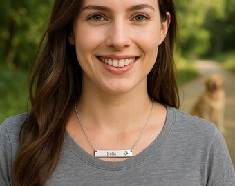 Custom Paw Cutout Engraved Bar Necklace, Stainless Steel Pet Paw Pendant