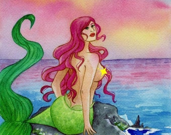 Pink Mermaid Art Print| Watercolor Fantasy Print Art| Mermaid Painting| Watercolor Painting| Mermaid Print| Mermaid Decor| Mermaid Art