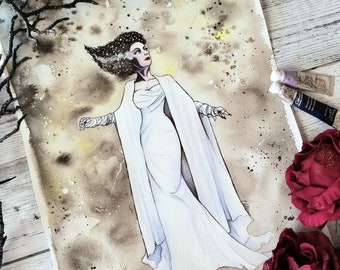 Bride of Frankenstein Watercolor Art Print, 11x14 Wall Art, Horror Movie Art, Halloween Monster Art