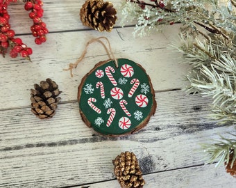 Candy Cane Hand-Painted Holiday Ornament, Wood Slice Ornament, Christmas Ornament, Holiday Decor, Christmas Bauble, Christmas Tree Ornament