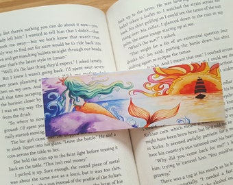 Sunset Mermaid Bookmark, Watercolor, Fantasy Bookmark, 2x6