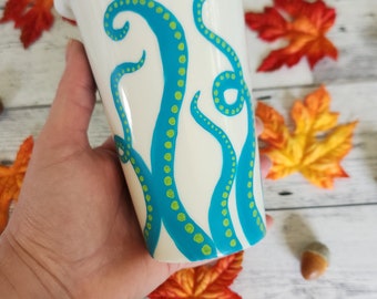 Teal Octopus Travel Mug, Nautical Mug, 11 oz Double Walled Ceramic Mug, Hand-painted Coffee Cup