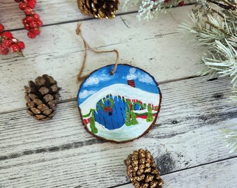 Blue Winter Hobbit Home Ornament | Hand-painted Nerdy Holiday Gift| Our First Home Ornament | Wood Slice Ornament | Christmas Tree Ornament