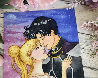 Moon Princess Couple 8x10 Watercolor Print| Anime Art Print, Romance Fantasy Art