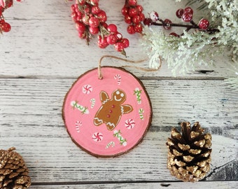 Gingerbread Man Hand-Painted Holiday Ornament, Pink Kawaii Wood Slice Ornament, Christmas Ornament, Holiday Decor, Christmas Tree Ornament