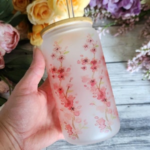 Sakura Cherry Blossom Glass Coffee Tumbler |Reusable Glass Coffee Cup, Pretty Spring Flower Cup