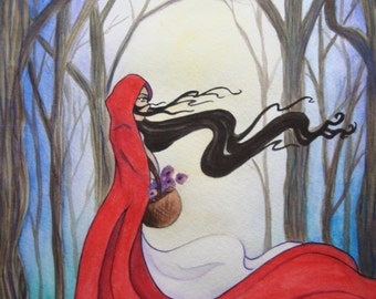 Little Red Riding Hood Fairytale Art Girl's Room Fantasy Watercolor 11x14 Print