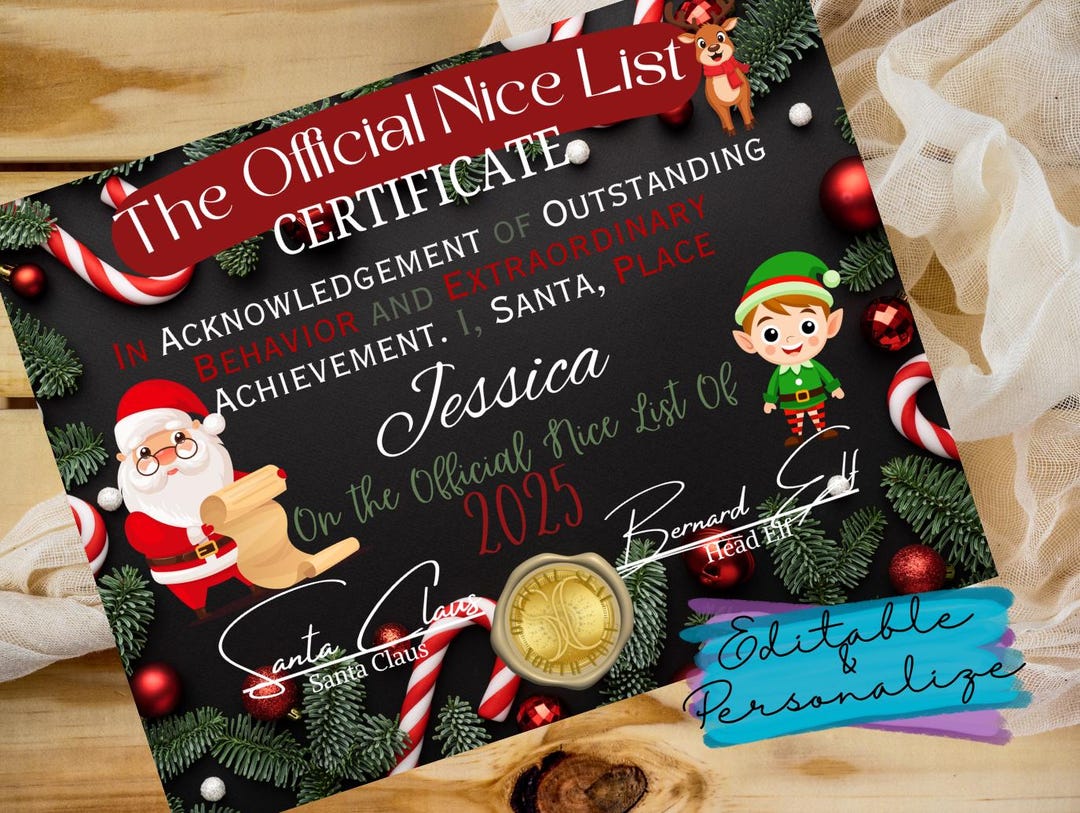 Editable Santa Nice List Certificate: Christmas Keepsake (canva ...