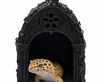 Peut inclure: Un gecko léopard jaune à taches brunes est positionné à l'intérieur d'une cachette pour reptile noire en forme d'arche. La cachette présente des textures complexes en relief rappelant des vignes et un motif floral circulaire.