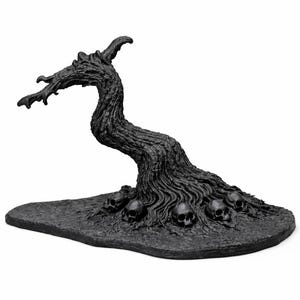 May include: A dark gray, stylized sculpture of a gnarled tree with a curved trunk and branches. The base features several skulls. The sculpture has a textured surface and is set against a white background.