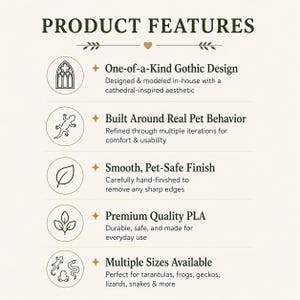 May include: A cream-colored graphic with the words "PRODUCT FEATURES" at the top. Below, bullet points describe product attributes, including "One-of-a-Kind Gothic Design" and "Multiple Sizes Available" for various pets.