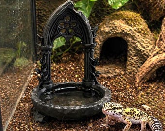 May include: Black gothic-style water dish for reptiles. The dish has an arched top with floral detailing and a round basin. A leopard gecko with yellow and black markings is in the foreground.