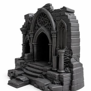 May include: A matte black sculpture of a ruined gothic cathedral facade featuring a central arched doorway, a circular rose window, pointed side arches, and weathered stone steps leading up to the entrance, all rendered in a solid dark finish.