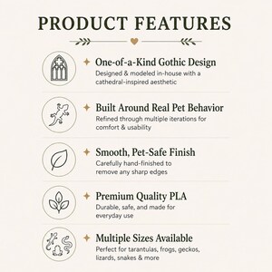 Puede incluir: Gr&aacute;fico color crema con las palabras &laquo;PRODUCT FEATURES&raquo;. Debajo, vi&ntilde;etas describen los atributos del producto, incluyendo &laquo;One-of-a-Kind Gothic Design&raquo; y &laquo;Multiple Sizes Available&raquo; para varias mascotas.