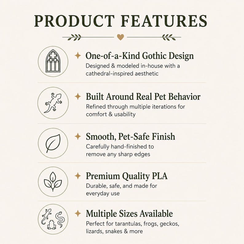 Puede incluir: Gr&aacute;fico color crema con las palabras &laquo;PRODUCT FEATURES&raquo;. Debajo, vi&ntilde;etas describen los atributos del producto, incluyendo &laquo;One-of-a-Kind Gothic Design&raquo; y &laquo;Multiple Sizes Available&raquo; para varias mascotas.
