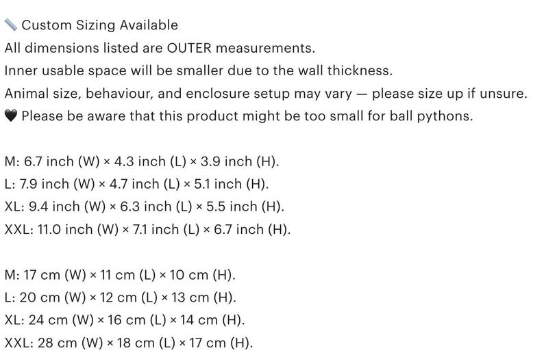 May include: Text detailing product dimensions in inches for various sizes: M (6.7"W x 4.3"L x 3.9"H), L (7.9"W x 4.7"L x 5.1"H), XL (9.4"W x 6.3"L x 5.5"H), and XXL (11.0"W x 7.1"L x 6.7"H). Includes a note about custom sizing and inner space.