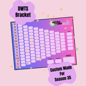 May include: A Dancing with the Stars bracket chart for season 35 with a purple and pink gradient background. The chart features a list of contestant names on the left, multiple columns of blank rounded rectangles for progression, and labels for 3rd Place, 2nd Place, Winner, and Finale.