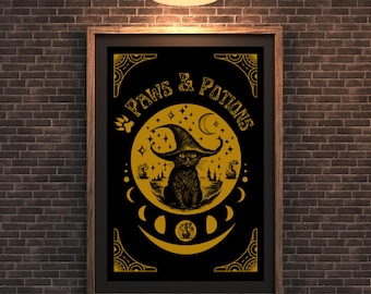 Witch Cat Art Print, Paws & Potions, Mystic Feline Decor (Digital Download)